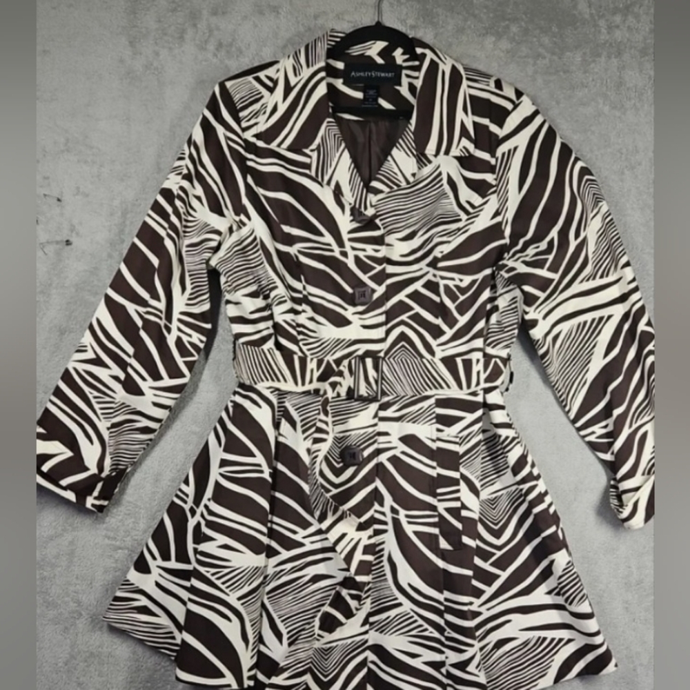 New! Cotton Ashley Stewart Brown Print Trench Jacket And Puffy purse - Picture 2 of 12